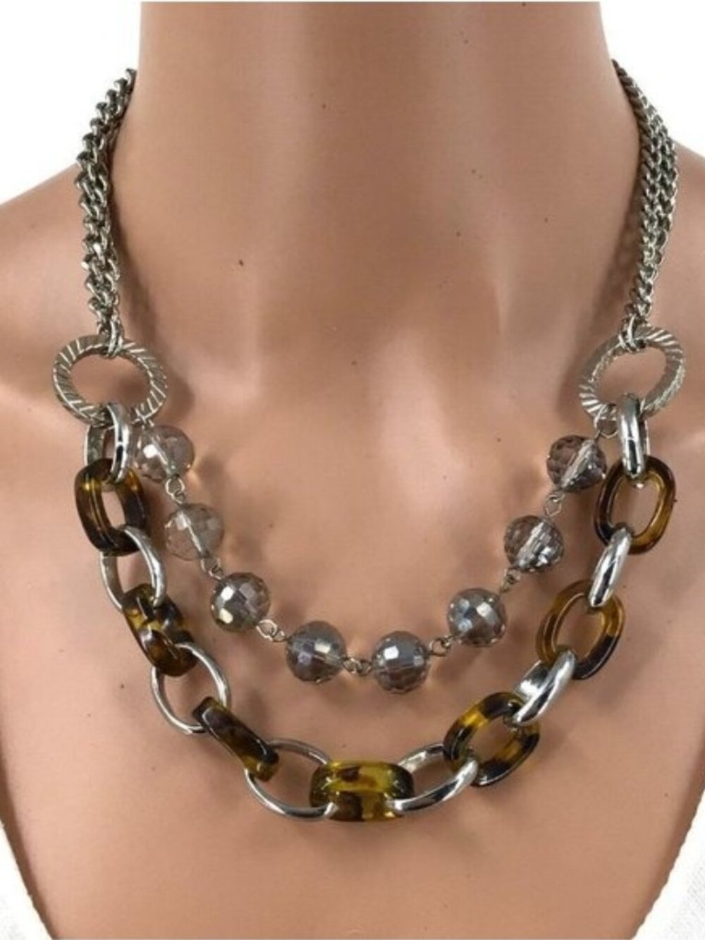 Ann Taylor LOFT Necklace Two Tier Beaded Tortoise Shell Chain Link Silver Tone - Picture 2 of 4